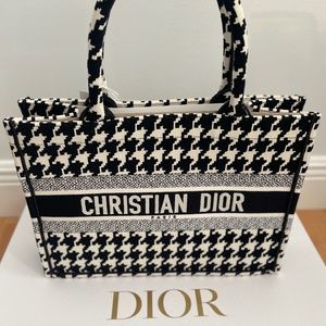 Christian Dior Book Tote Houndstooth Canvas, Small, Black and White